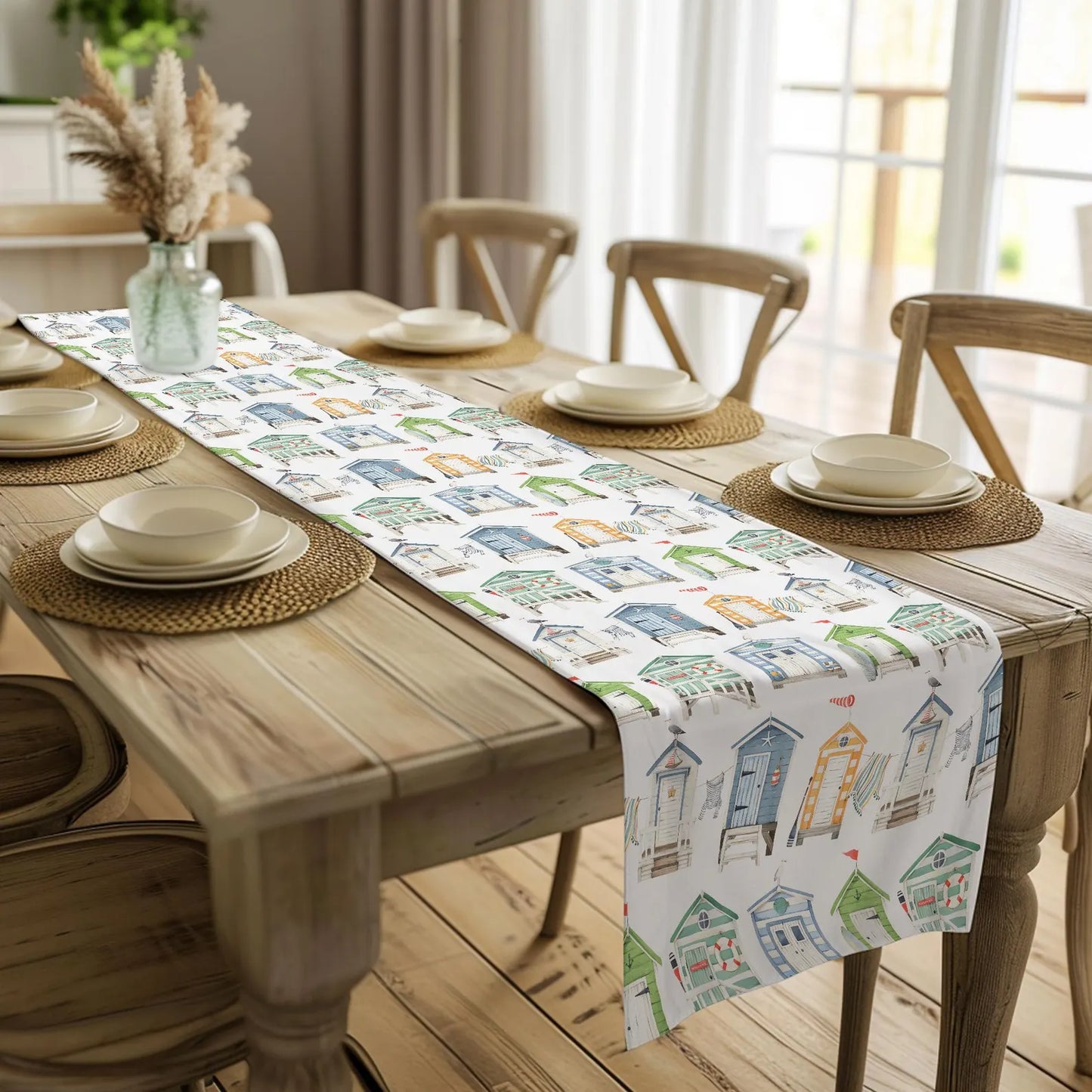 Watercolor Hand Drawn Beach Hut Summer Table Runner