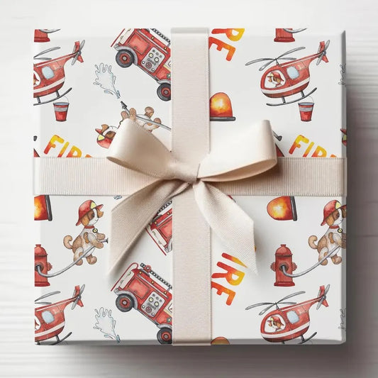 Fire Department Birthday Wrapping Paper, Fire Trucks Gift Wrap Roll, Birthday Gift Wrap, Gifts for Kids, Firehouse, Fire Dog