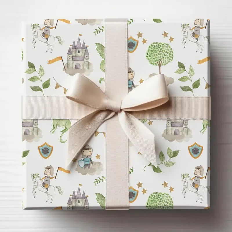 Children's Knights & Dragons Wrapping Paper, Gifts for Boys, Gifts for Kids Gift Wrap Roll, Birthday Gift Wrap