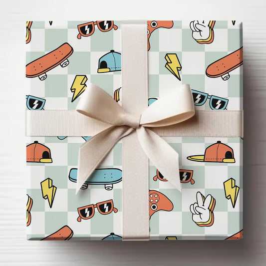 Retro Boy Birthday Wrapping Paper, Video Games, Skateboard Gift Wrap Roll, Birthday Gift Wrap, Gifts for Kids
